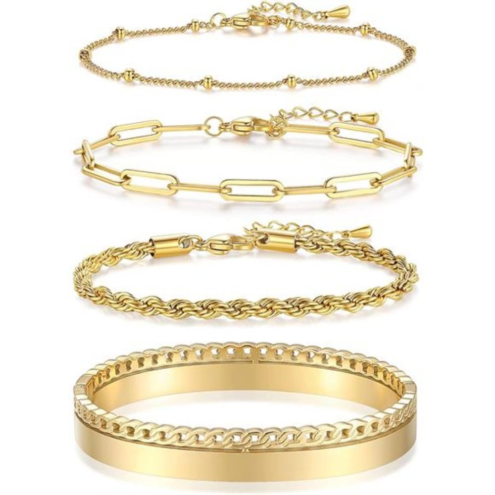 4 Pieces 18K Gold Plated Adjustable Stackable Bracelets Set